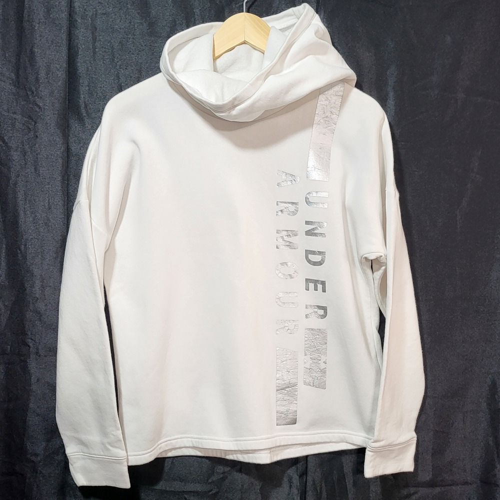 Under Armour Womens White Metallic Silver Logo Loose Fit Cowl Hood Hoodie Medium